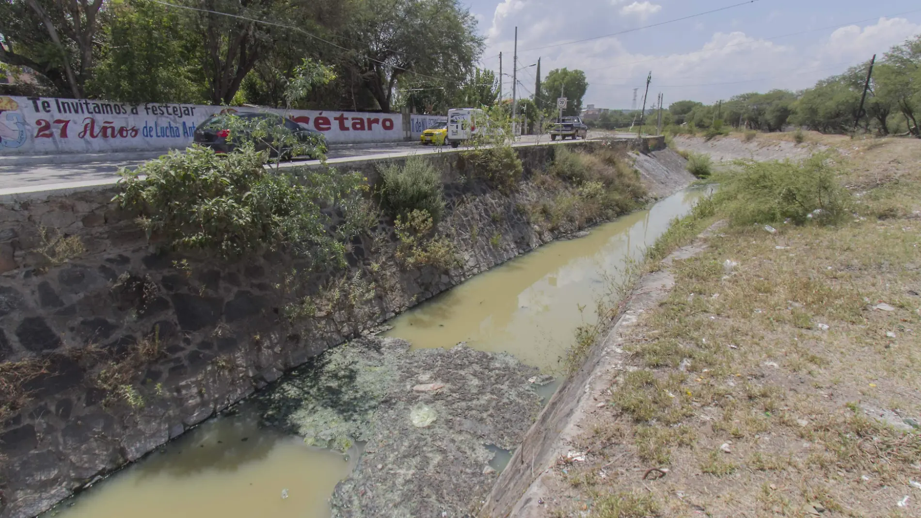 Fétidos olores y nata en la corteza del agua predominan en el canal del Barrio de La Cruz. César Ortiz. El Sol de San Juan del Río.